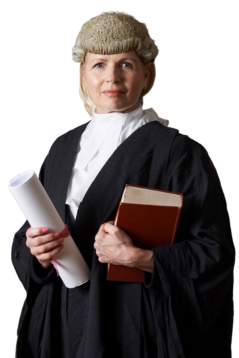 Female barrister holding law book and scroll